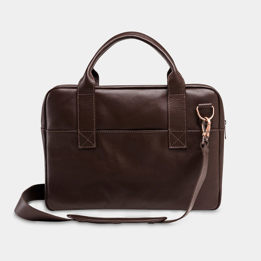Nordweg Nomad leather briefcase laptop work bag in coffee, front view with handles and shoulder strap