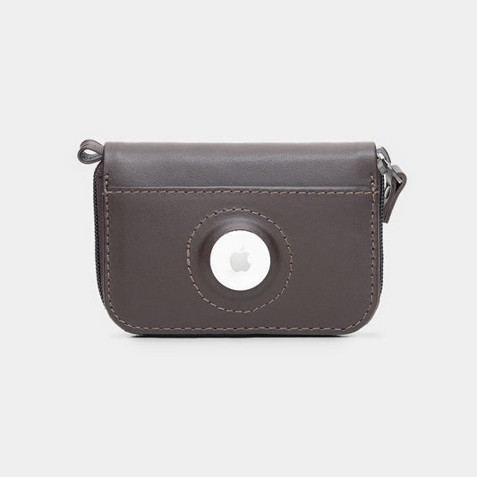 Nordweg Traveler Pro AirTag leather wallet in coffee, front view with round AirTag holder