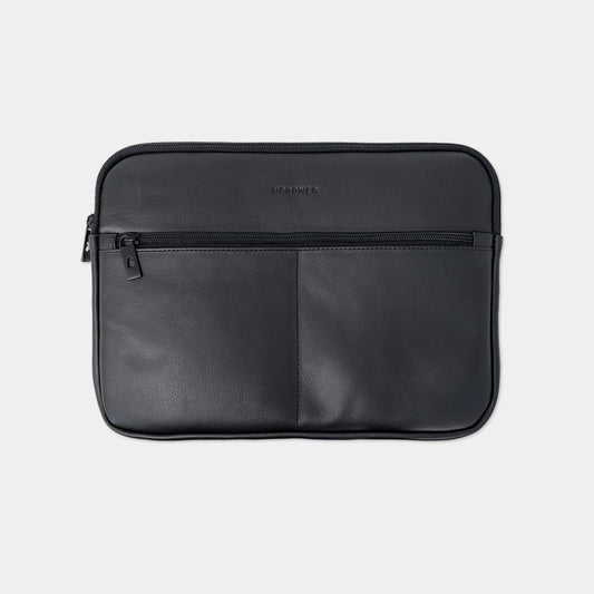 Nordweg Workplace leather laptop sleeve case in black, medium front view with zip pocket