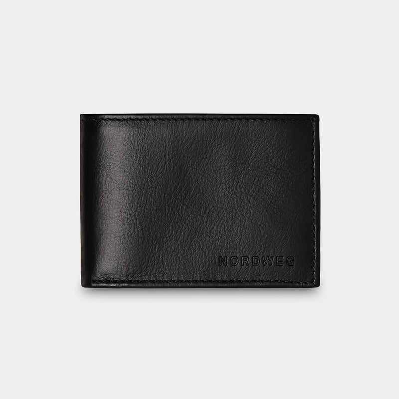Nordweg leather bifold wallet with ID window in black, closed front view with plaid lining