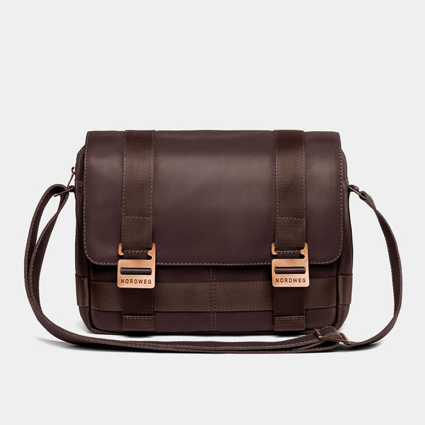 Nordweg Dolomites leather satchel shoulder bag in coffee, front view with buckles and strap