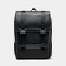 Nordweg Dolomites leather travel backpack in black, front view with flap and metal buckles