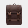Nordweg Dolomites leather travel backpack in coffee, front view with flap and metal buckles