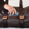 Coffee Nordweg Dolomites leather weekender with a passport in the front pocket, SKU NW103.IC, GTIN 7898571001068