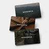 Three Nordweg e-gift card designs with mountain, leather, and backpack imagery