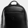 Close-up of the top handle, front zipper, and Nordweg crest on the Eagle Laptop Backpack in Black.