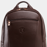 Close-up of the top handle, front zipper, and Nordweg crest on the Eagle Laptop Backpack in Coffee.
