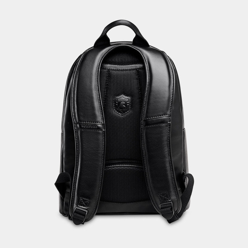 Nordweg Eagle leather laptop backpack in black, back view with padded shoulder straps