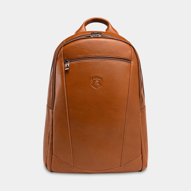 Nordweg Eagle leather laptop backpack in caramel, front view with zip pocket and top handle