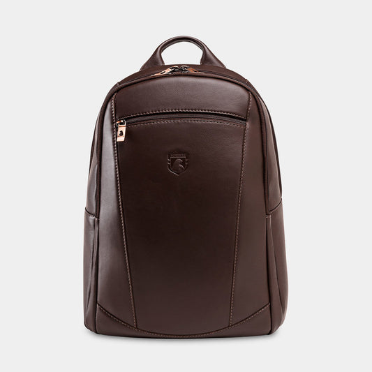 Nordweg Eagle leather laptop backpack in coffee, front view with zip pocket and top handle