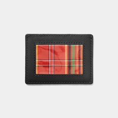 Nordweg Flint leather cardholder wallet in black, front view with plaid ID window