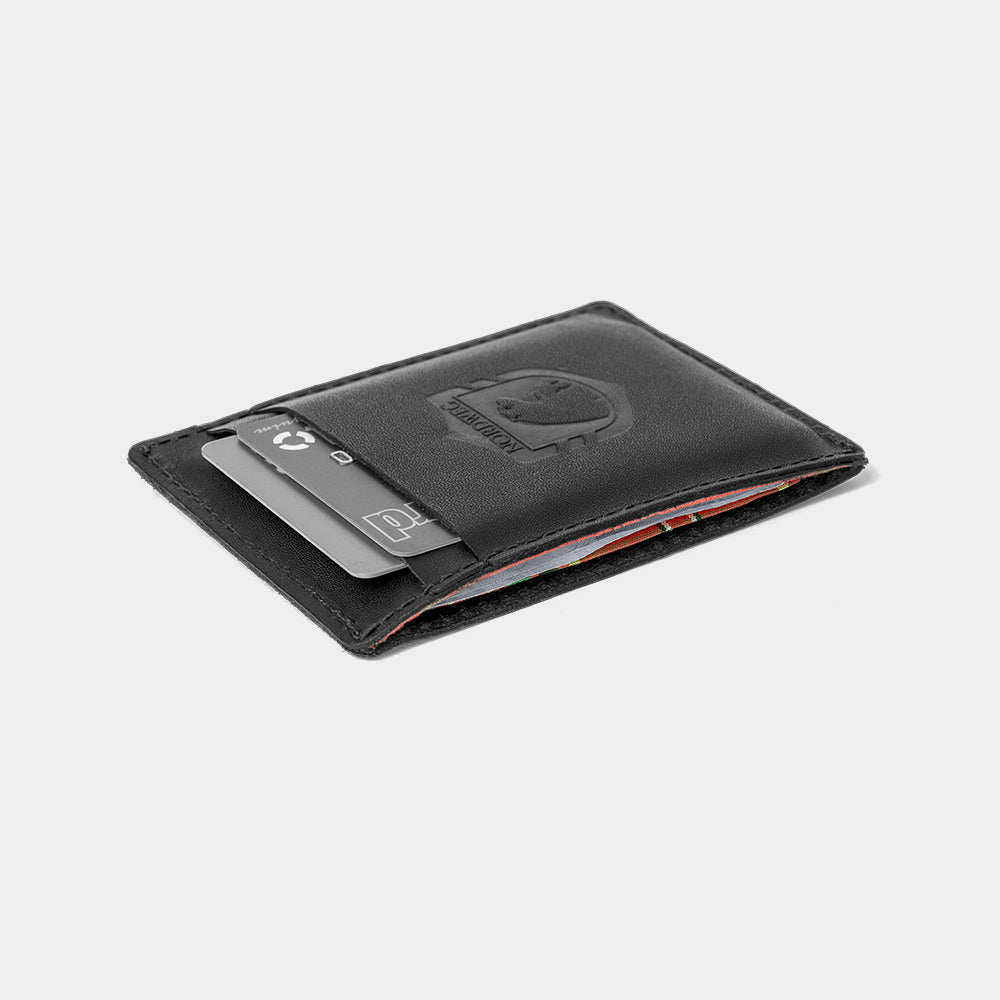 Angled black Nordweg Flint leather cardholder loaded with cards