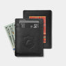 Black Nordweg Flint leather cardholder shown front and back with cards and cash
