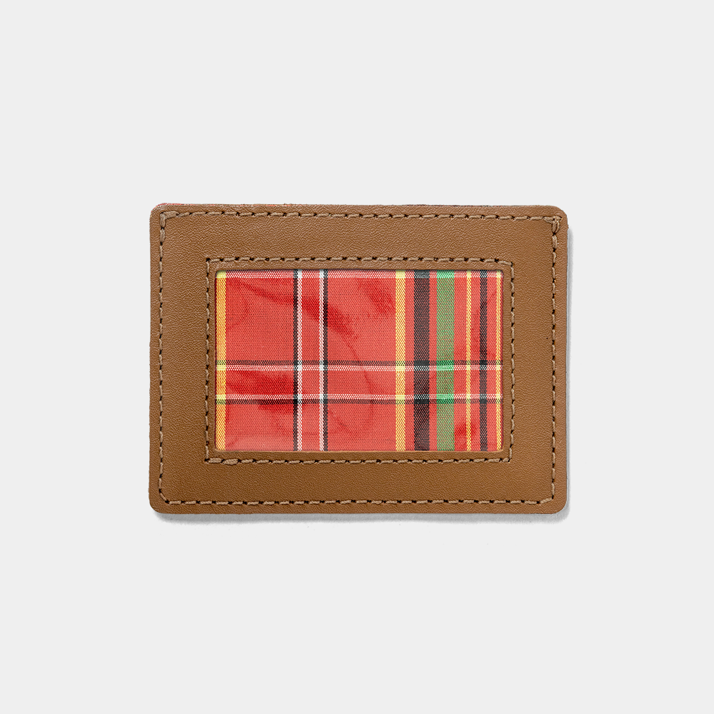 Nordweg Flint leather cardholder wallet in caramel, front view with plaid ID window