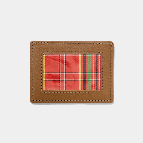 Nordweg Flint leather cardholder wallet in caramel, front view with plaid ID window