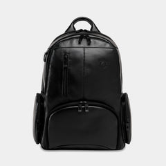 Nordweg Gramado leather laptop backpack in black, front view with vertical zip pocket and side pockets