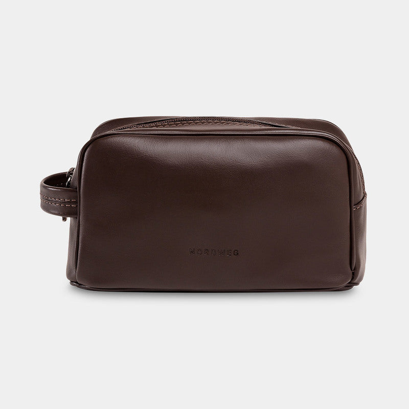 Nordweg Gramado leather dopp kit travel toiletry bag in coffee, front view with side handle