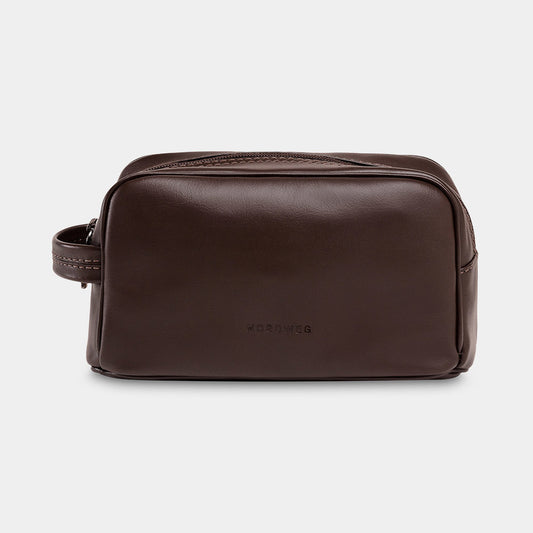 Nordweg Gramado leather dopp kit travel toiletry bag in coffee, front view with side handle