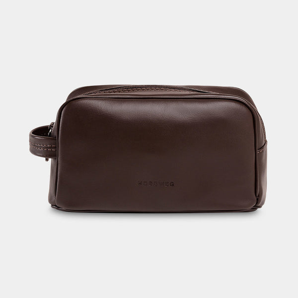 Nordweg Gramado leather dopp kit travel toiletry bag in coffee, front view with side handle