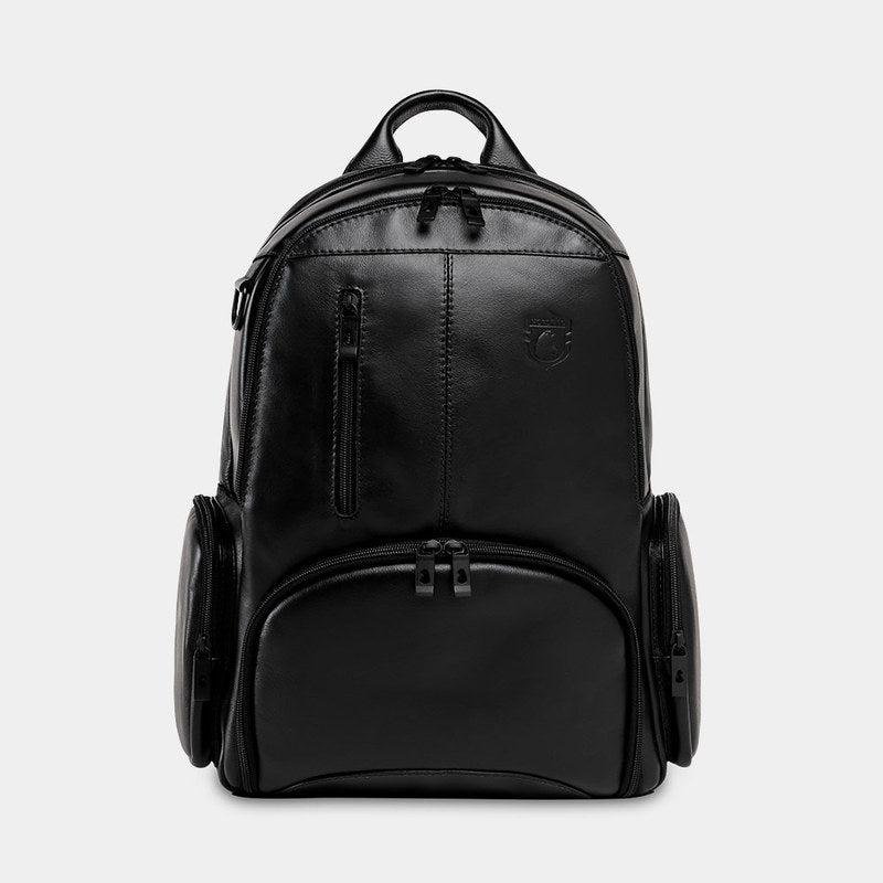 Nordweg Gramado leather laptop backpack in black, front view with vertical zip pocket and side pockets