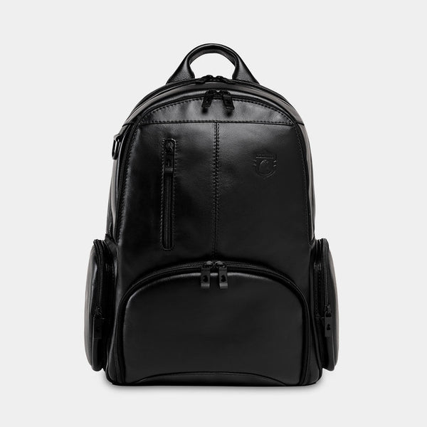 Nordweg Gramado leather laptop backpack in black, front view with vertical zip pocket and side pockets
