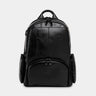 Nordweg Gramado leather laptop backpack in black, front view with vertical zip pocket and side pockets