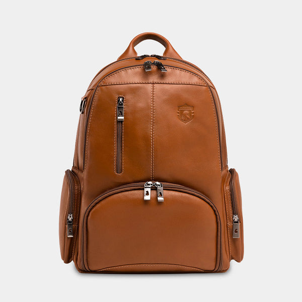Nordweg Gramado leather laptop backpack in caramel, front view with vertical zip pocket and side pockets
