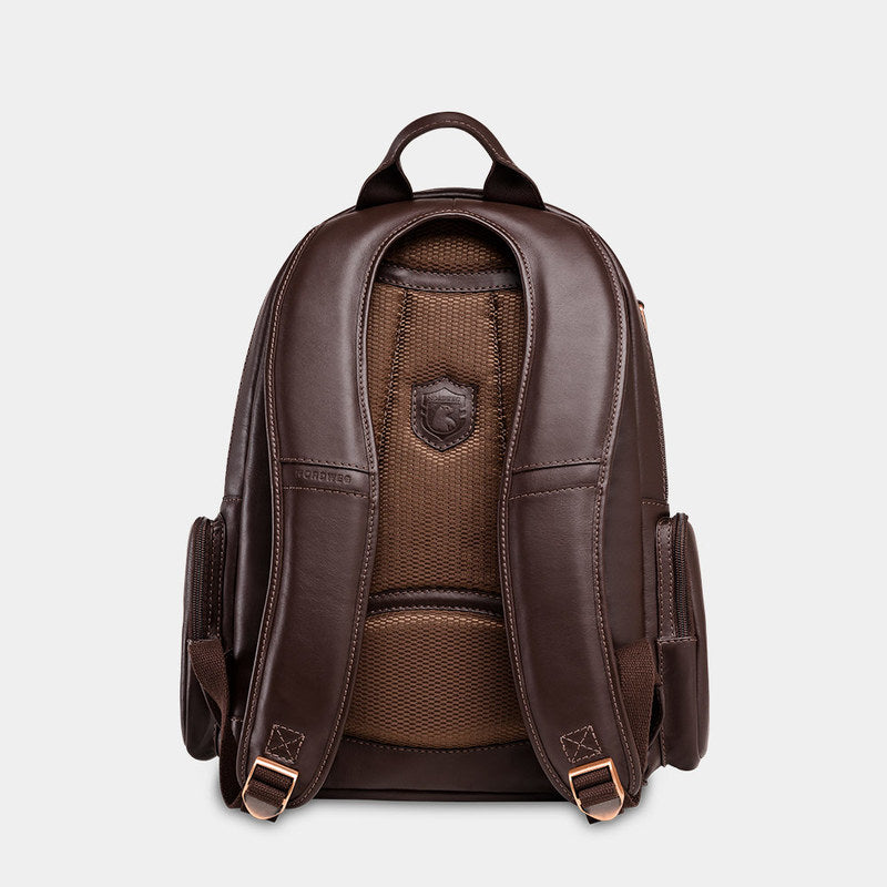 Nordweg Gramado leather laptop backpack in coffee, back view with padded shoulder straps and side pockets