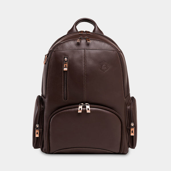 Nordweg Gramado leather laptop backpack in coffee, front view with vertical zip pocket and side pockets