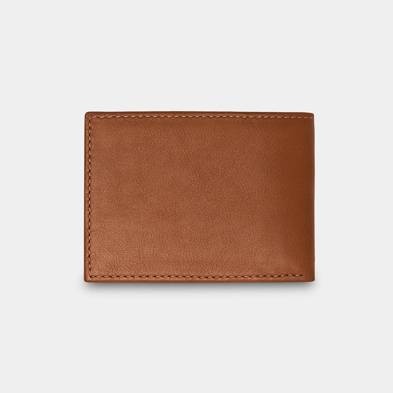 Nordweg leather bifold wallet in caramel, closed back view