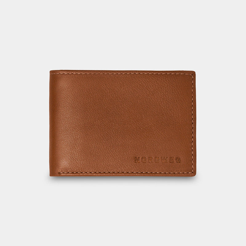 Nordweg leather bifold wallet in caramel, closed front view