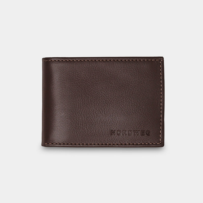 Nordweg leather bifold wallet in coffee, closed front view