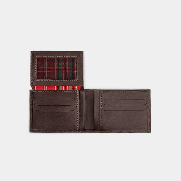Open coffee Nordweg leather bifold wallet with plaid ID window and card slots