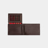 Open coffee Nordweg leather bifold wallet with plaid ID window and card slots