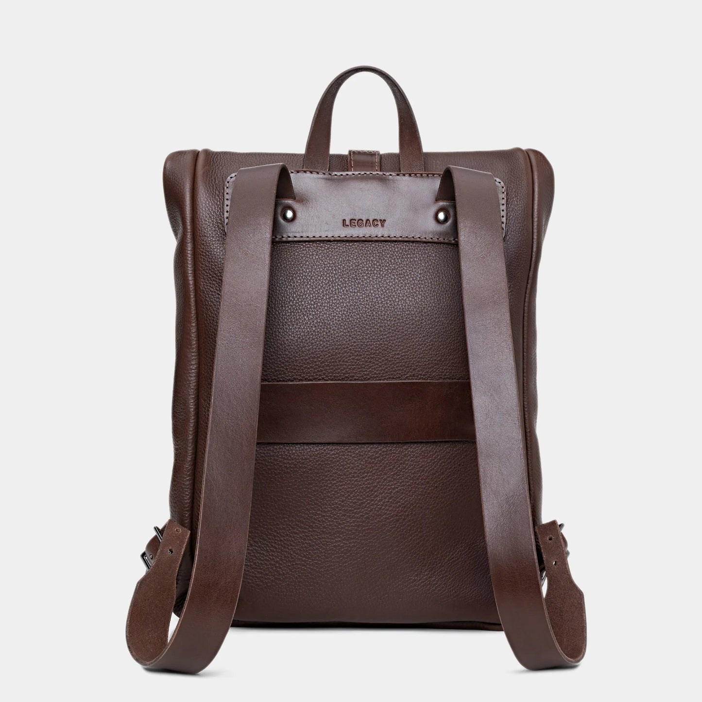 Nordweg Legacy leather backpack in espresso, back view with shoulder straps and luggage pass-through