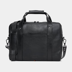 Nordweg Legacy Leather Briefcase in Coal, straight front view with leather handles and front pocket.