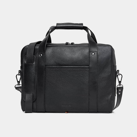 Nordweg Legacy leather briefcase laptop work bag in coal, front view with handles and shoulder strap