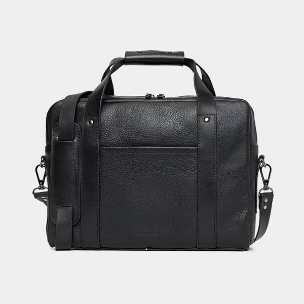 Nordweg Legacy leather briefcase laptop work bag in coal, front view with handles and shoulder strap