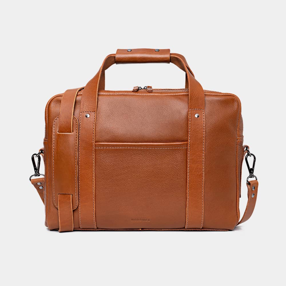 Nordweg Legacy leather briefcase laptop work bag in cognac, front view with handles and shoulder strap