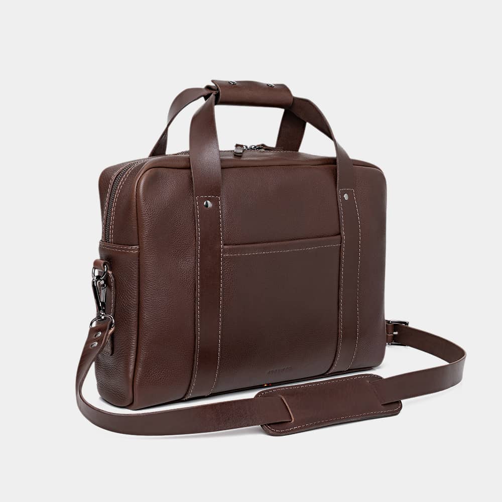 Nordweg Legacy leather briefcase laptop work bag in espresso, angled front view with shoulder strap