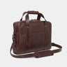 Nordweg Legacy leather briefcase laptop work bag in espresso, angled front view with shoulder strap