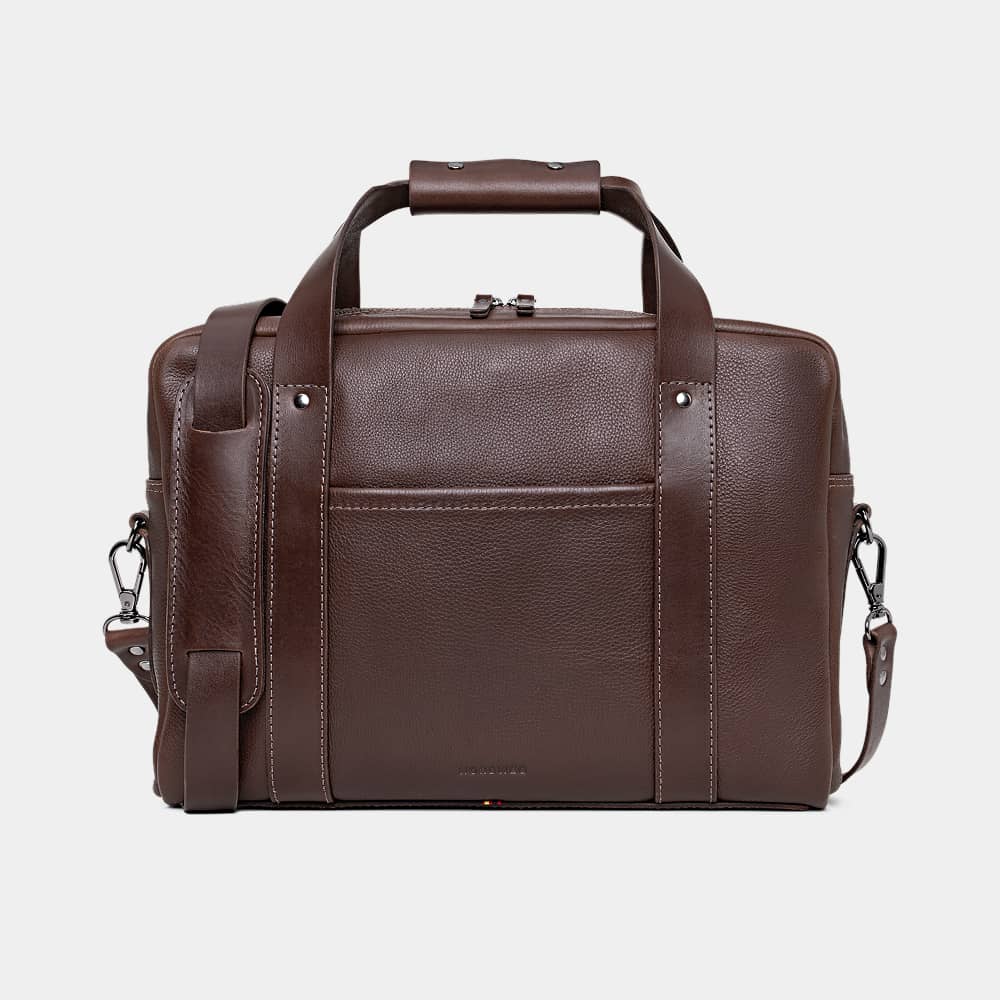 Nordweg Legacy leather briefcase laptop work bag in espresso, front view with handles and shoulder strap