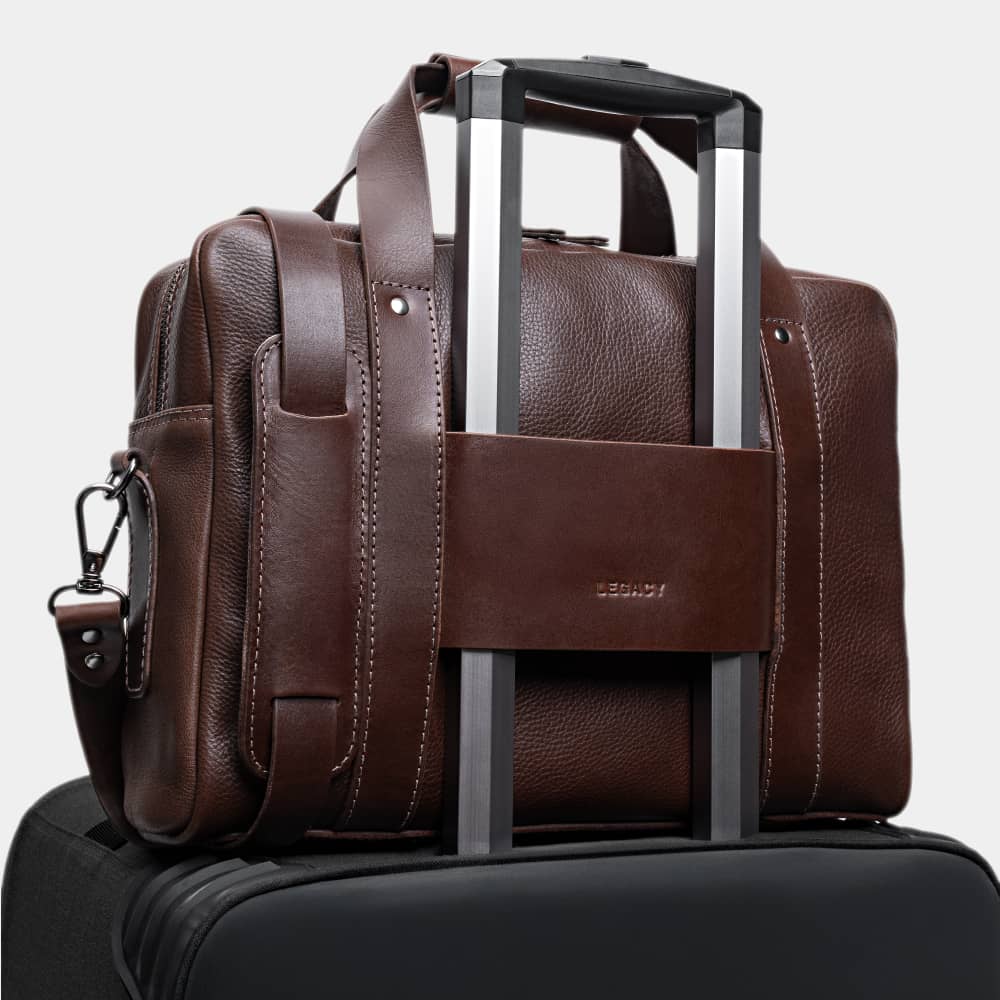 Espresso Legacy leather briefcase luggage pass-through on a rolling suitcase handle
