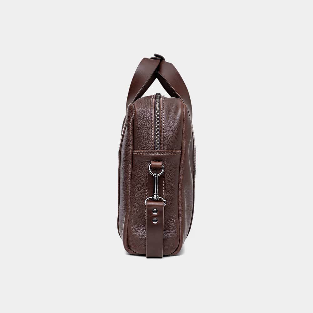Nordweg Legacy leather briefcase laptop work bag in espresso, side end view with strap hardware