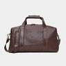 Nordweg Legacy leather duffel travel bag in espresso, front view with handles and shoulder strap