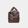 Nordweg Legacy leather duffel travel bag in espresso, side end view with handle and strap