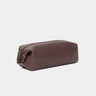 Nordweg Legacy leather organizer pouch in espresso, angled side view with zipper pull