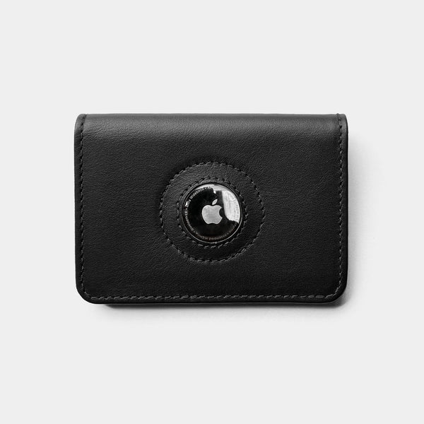 Nordweg Marco leather AirTag wallet cardholder in black, front view with round AirTag holder