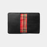 Open black Nordweg Marco leather AirTag wallet showing plaid interior and card slots