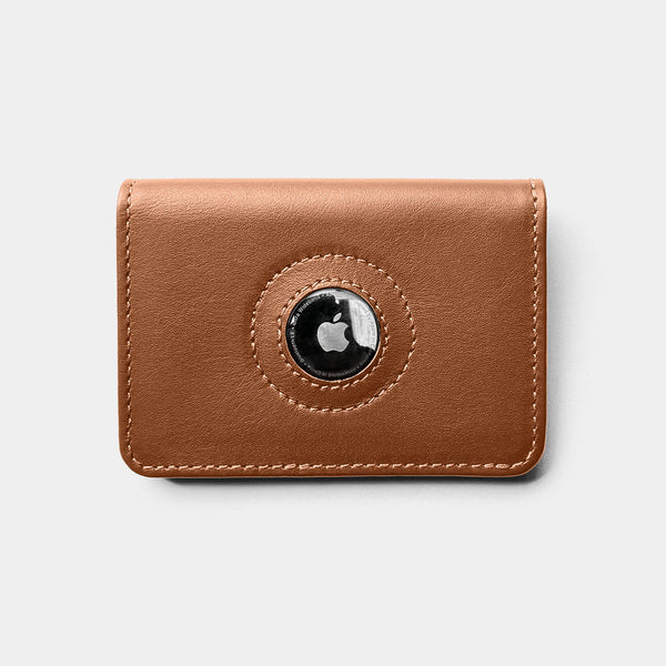 Nordweg Marco leather AirTag wallet cardholder in caramel, front view with round AirTag holder